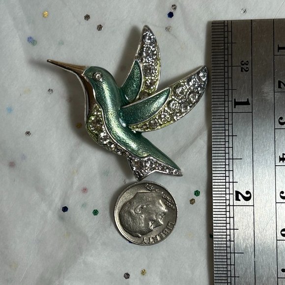 Estate Signed Liz Claiborne Silver Hummingbird Enamel Rhinestone Brooch Pin - Picture 3 of 6